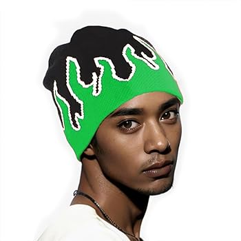 Green Flame Beanie Fire Knit Ski Hat Slouchy Rock Punk Skull